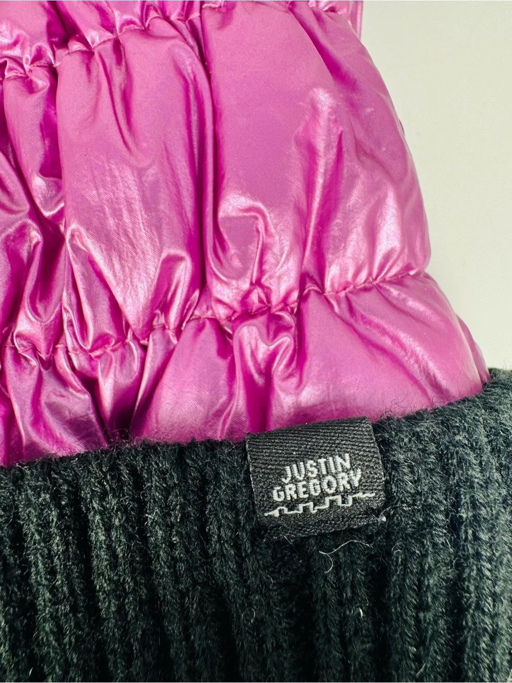 Justin Gregory Pom Pom Beanie Puffer Hat Black Pink Metallic Winter NEW